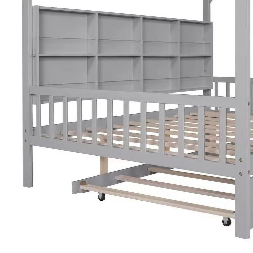 White Full Size Wood House Bed with Trundle and Shelves A943288
