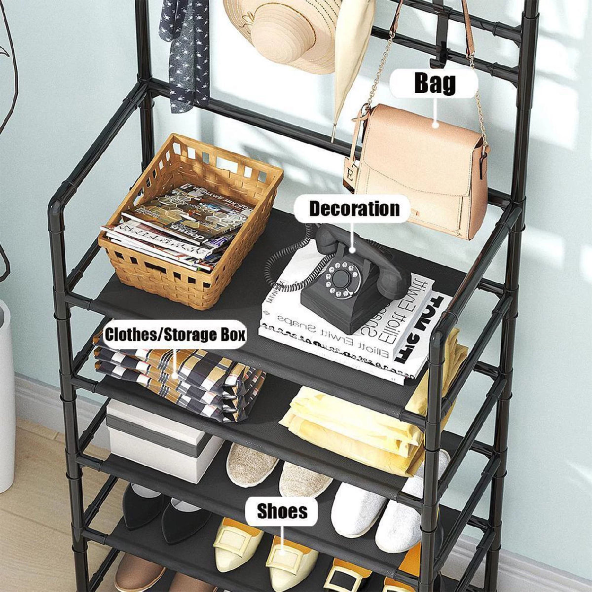 Coat Rack Stand with 5 Shelves Storage Black K75126