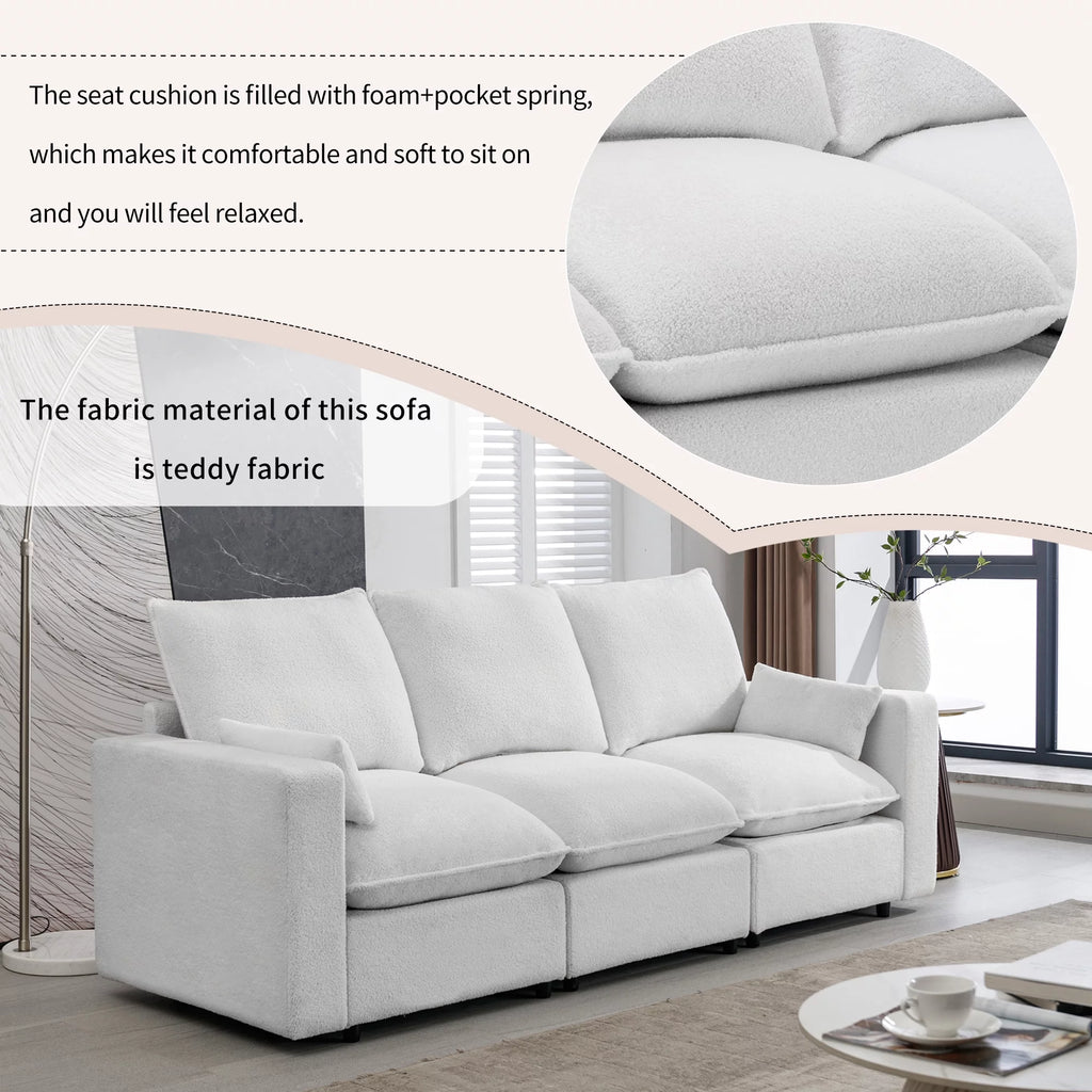 3 Seater White Teddy Fabric Sofa with Pillows E22944