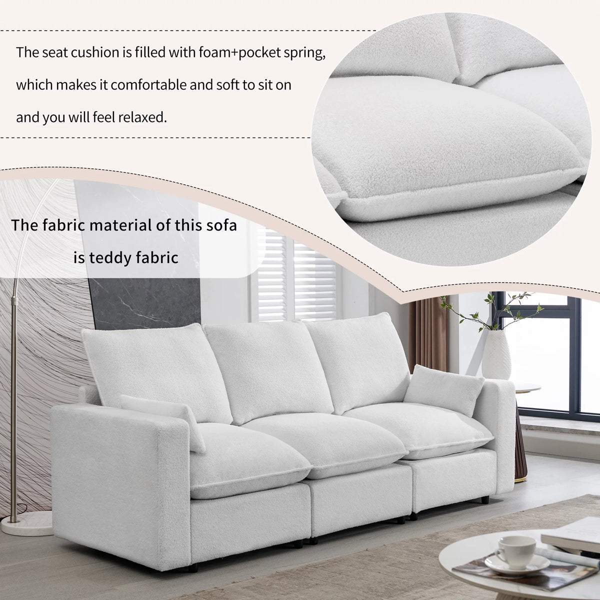3 Seater White Teddy Fabric Sofa with Pillows E22944