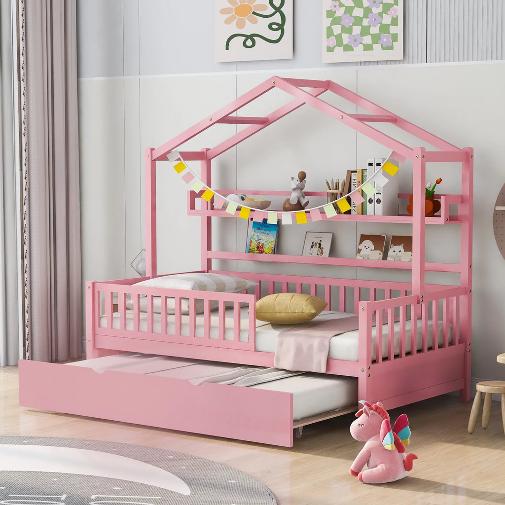 Gray Wood Twin House Bed with Trundle J17146