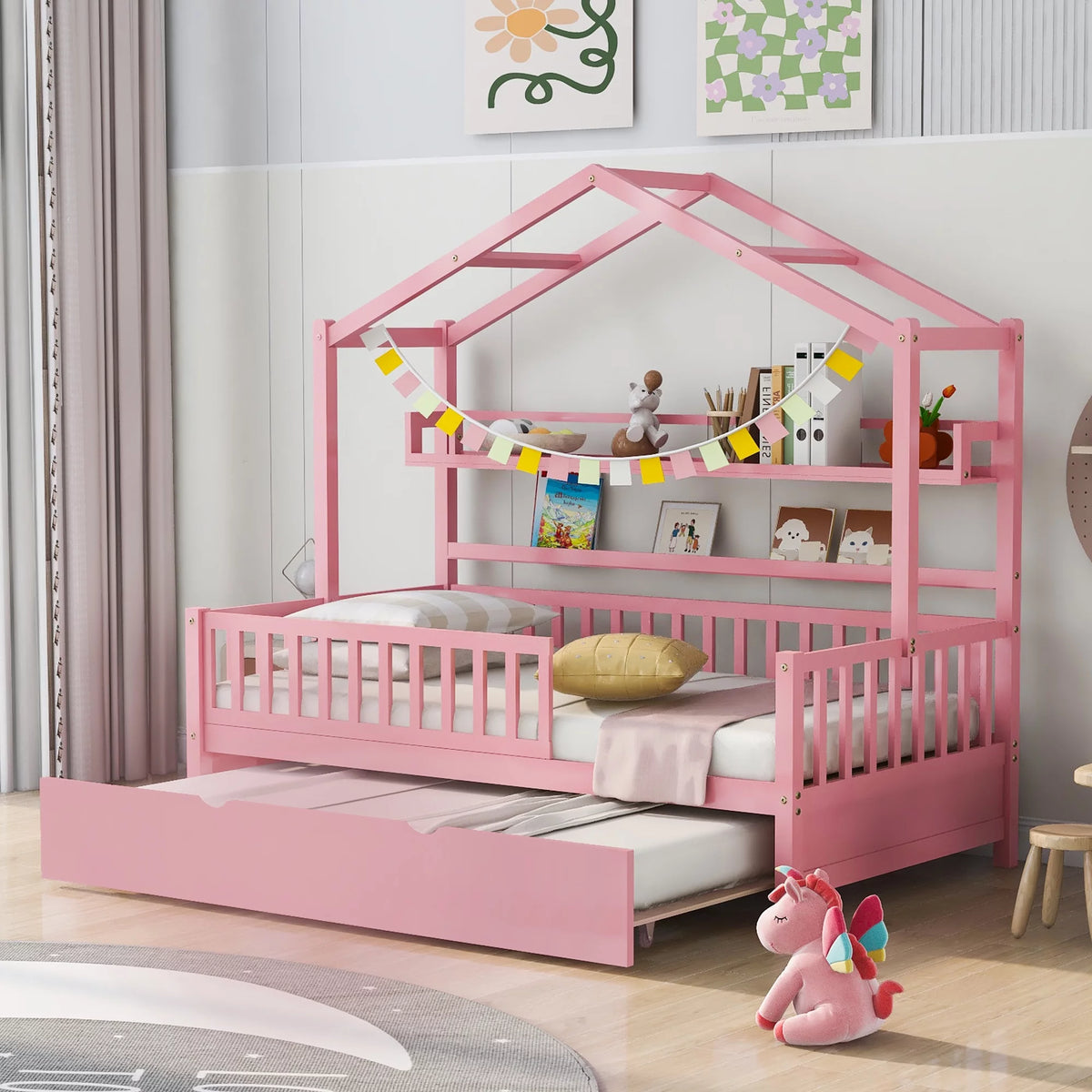 Gray Wood Twin House Bed with Trundle J17146