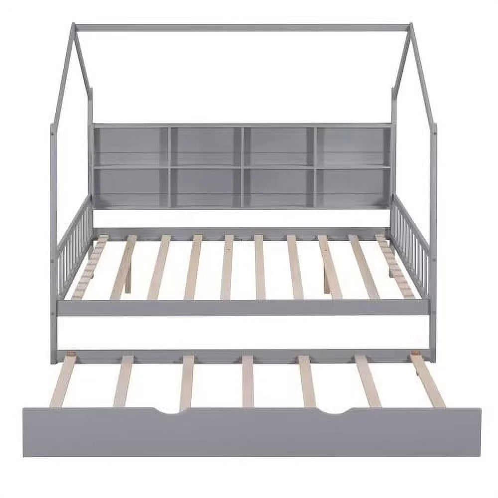 White Full Size Wood House Bed with Trundle and Shelves A943288