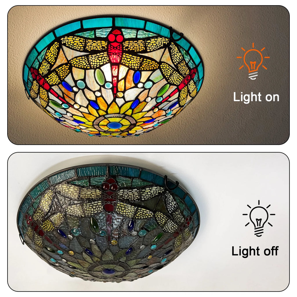 Red Dragonfly Stained Glass Flush Mount Ceiling Light T399399