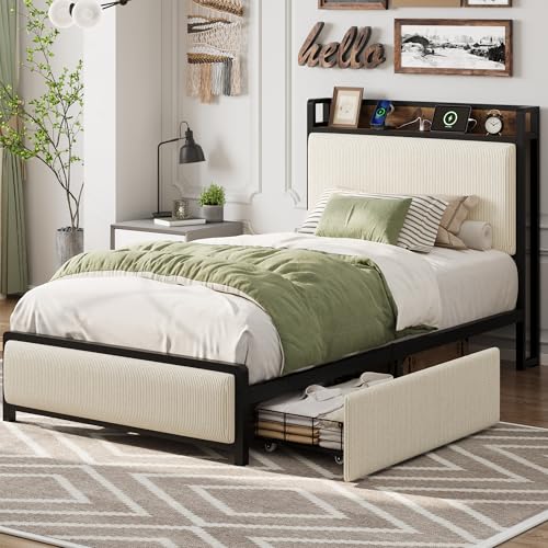Full Size Linen Upholstered Platform Bed Frame with Storage Headboard and 2 Drawers J182