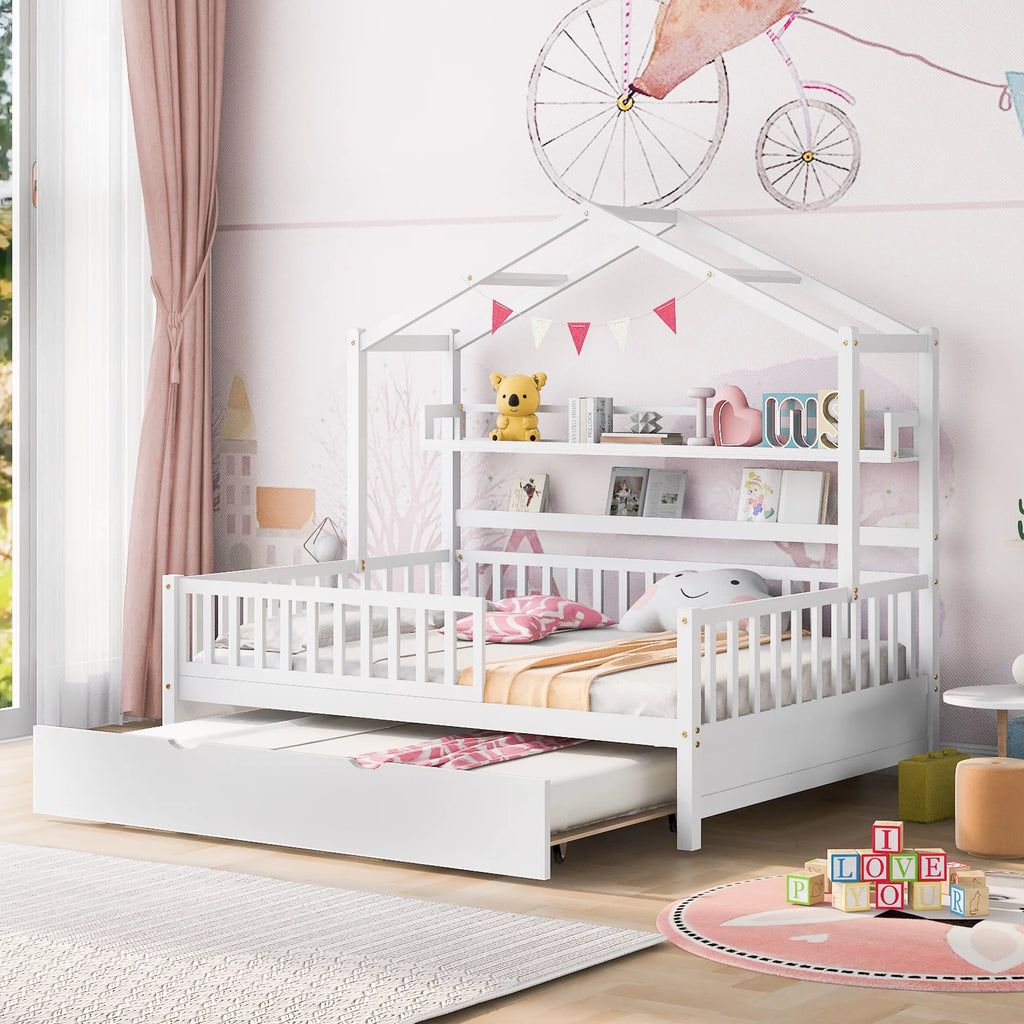 Gray Wood Twin House Bed with Trundle J17146