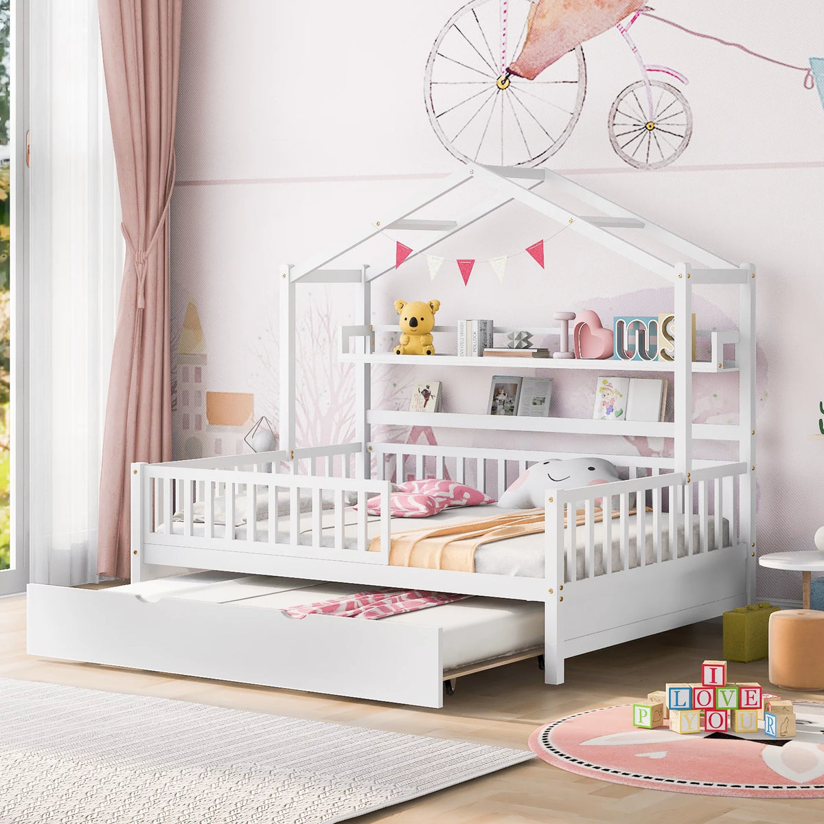 Gray Wood Twin House Bed with Trundle J17146