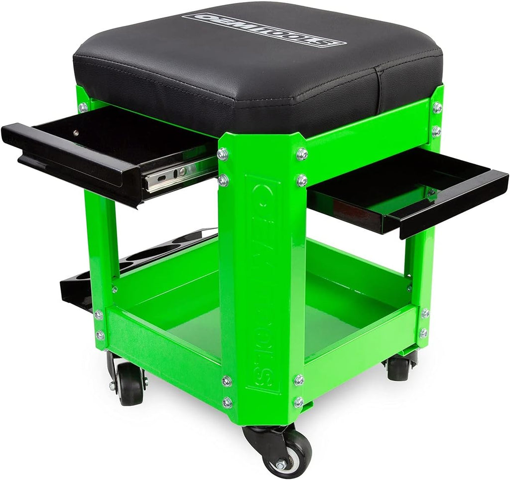 Green Rolling Workshop Mechanics Creeper Seat with 2 Tool Storage Drawers E61694