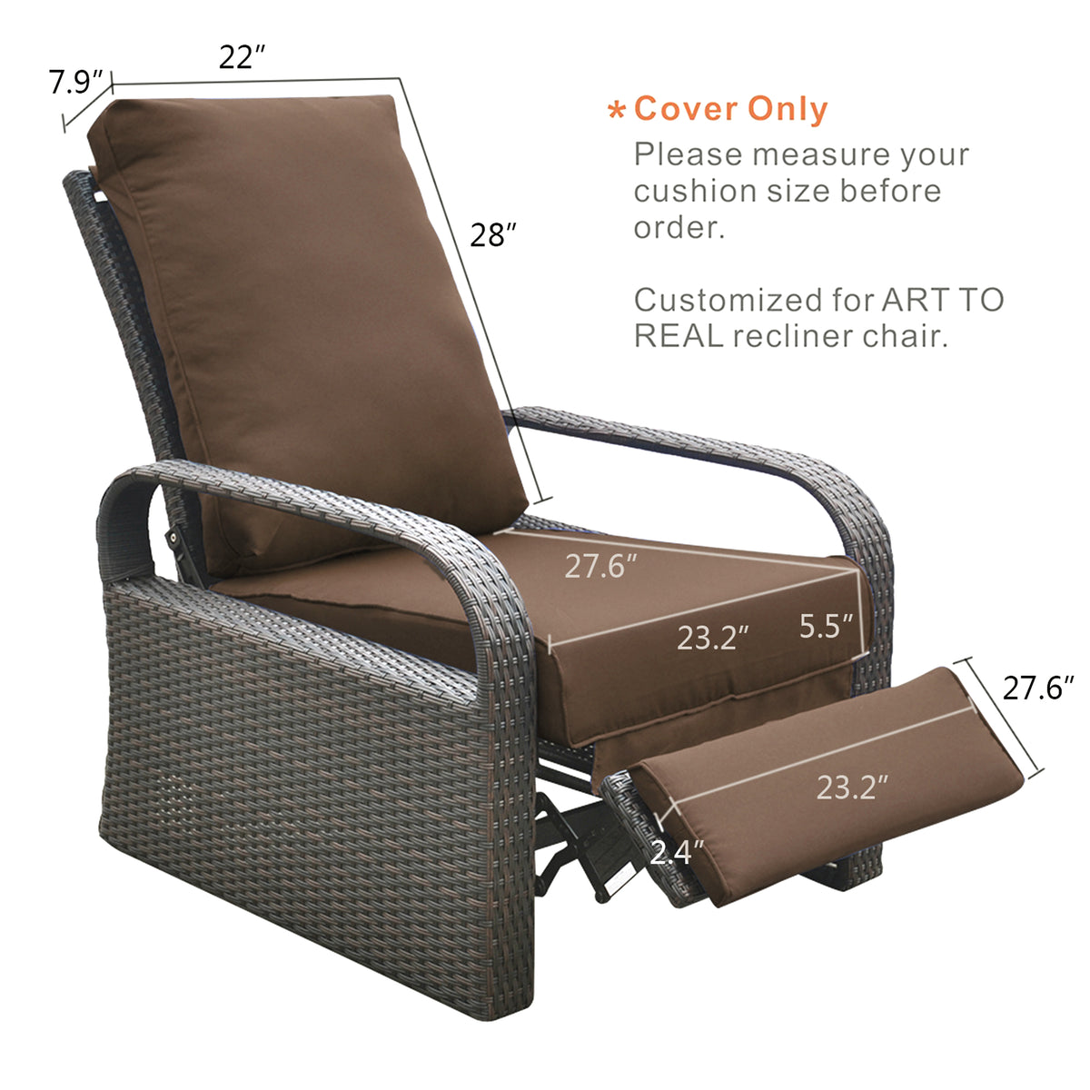 Brown Waterproof Outdoor Recliner Replacement Cushion F7205