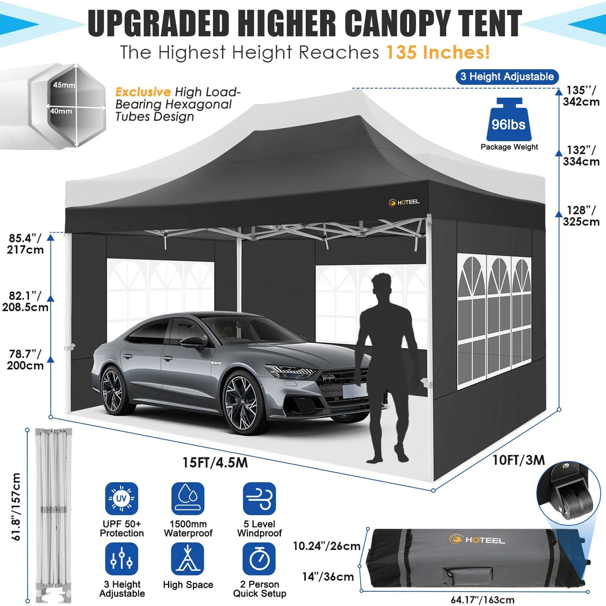 10x15 Heavy Duty Pop up Canopy Tent with 4 Sidewalls and Roller Bag, Black U176