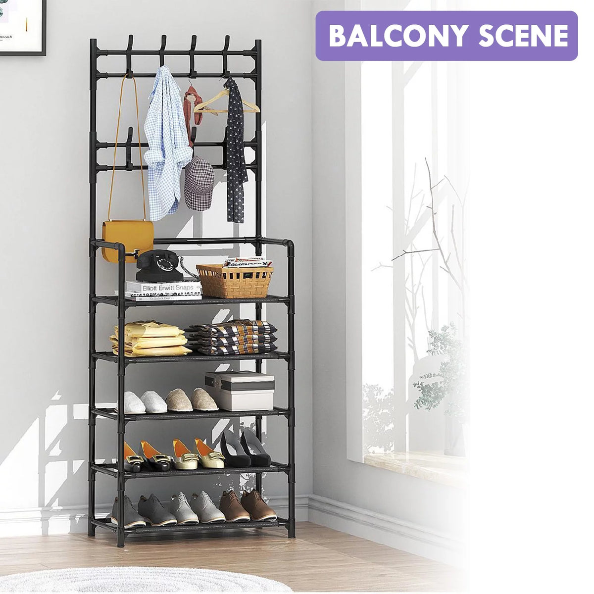 Coat Rack Stand with 5 Shelves Storage Black K75126