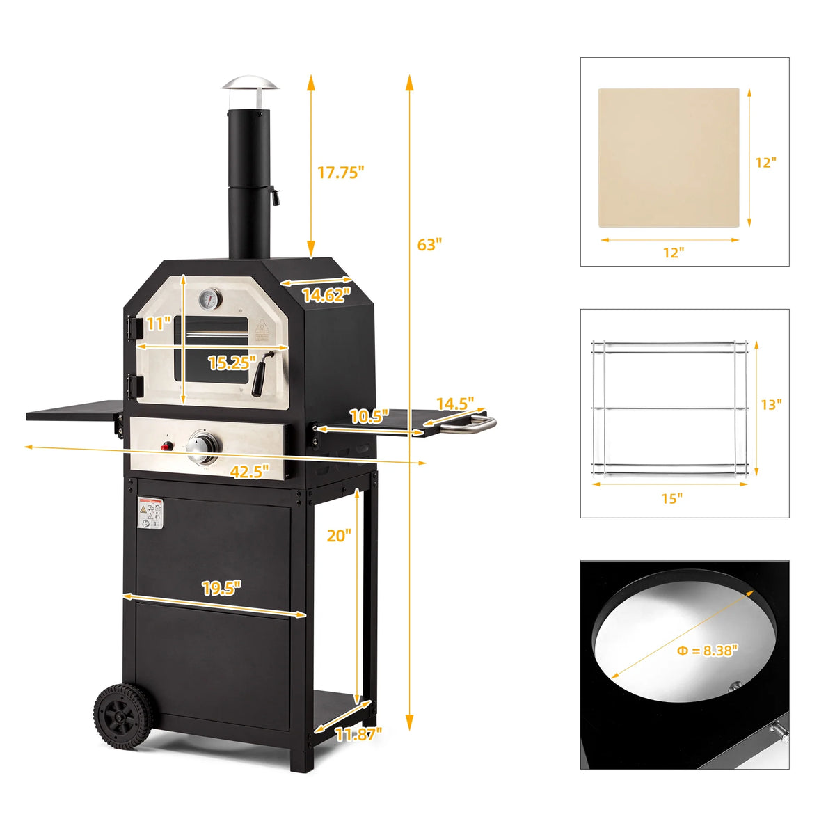 12 Propane Gas Pizza Oven with 2 Foldable Shelves and Wheels M2541
