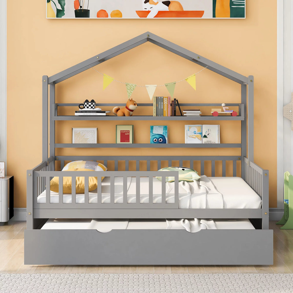 Gray Wood Twin House Bed with Trundle J17146