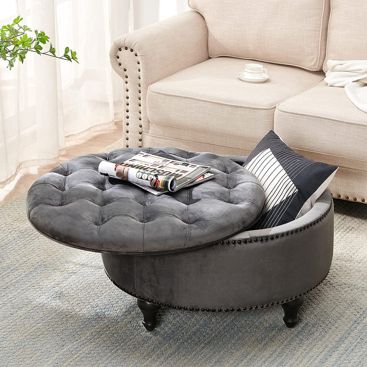 Dark Grey Upholstered Round Storage Ottoman P344908