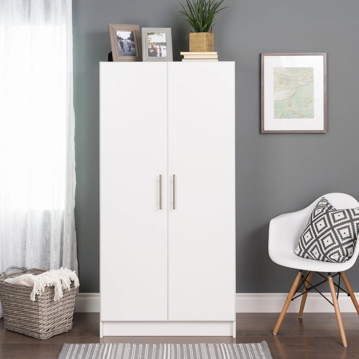 White Wardrobe Closet & Cabinet with Hanging Rail J8319