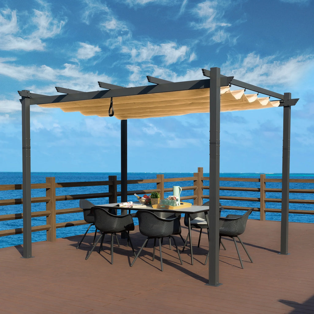 Extra-Large Gray Aluminum Frame Pergola with Sunshade Canopy 10'x12' Beige X363847