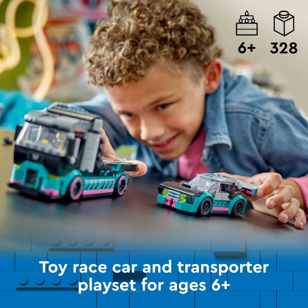 Race Car and Car Carrier Truck Toy Playset with Adjustable Loading Ramp and Race Car Toy O1650