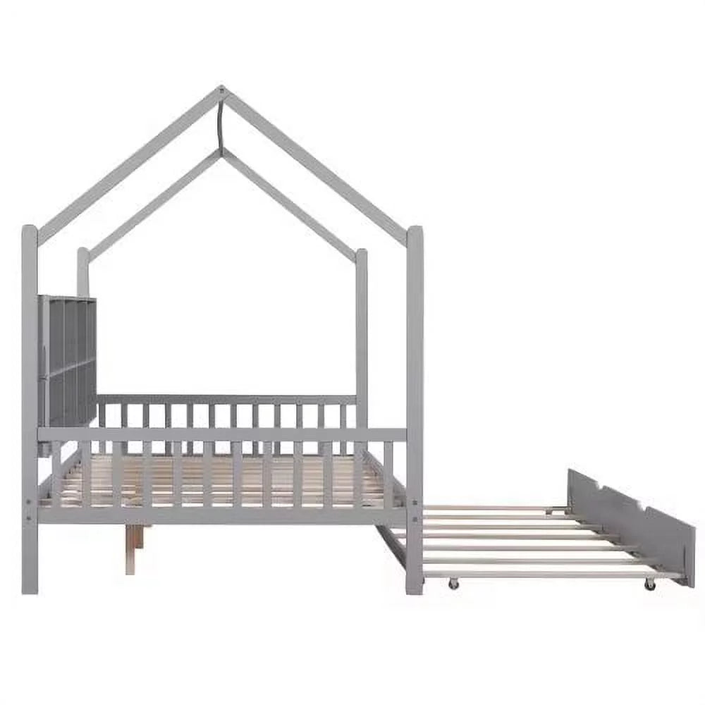 White Full Size Wood House Bed with Trundle and Shelves A943288