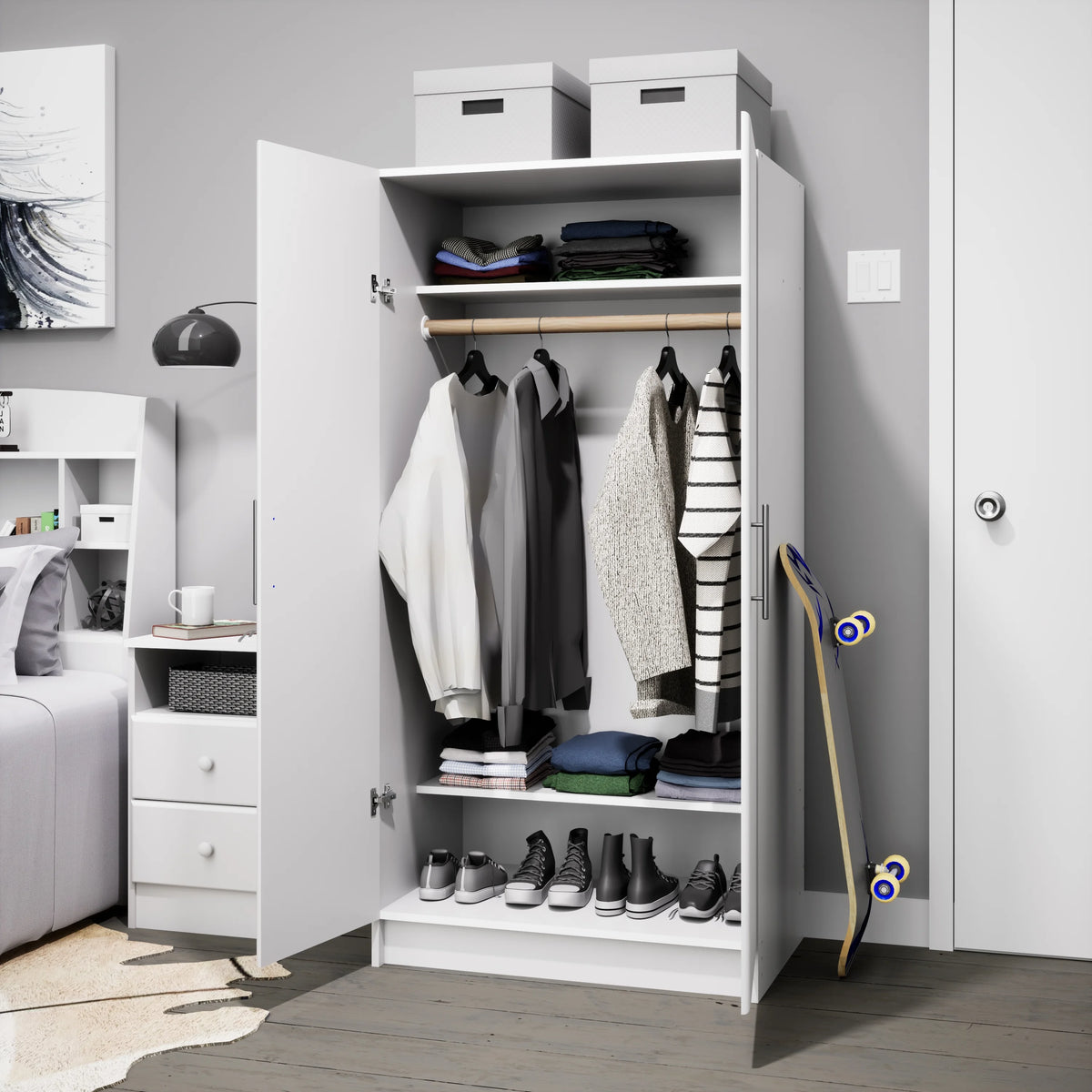 White Wardrobe Closet & Cabinet with Hanging Rail J8319