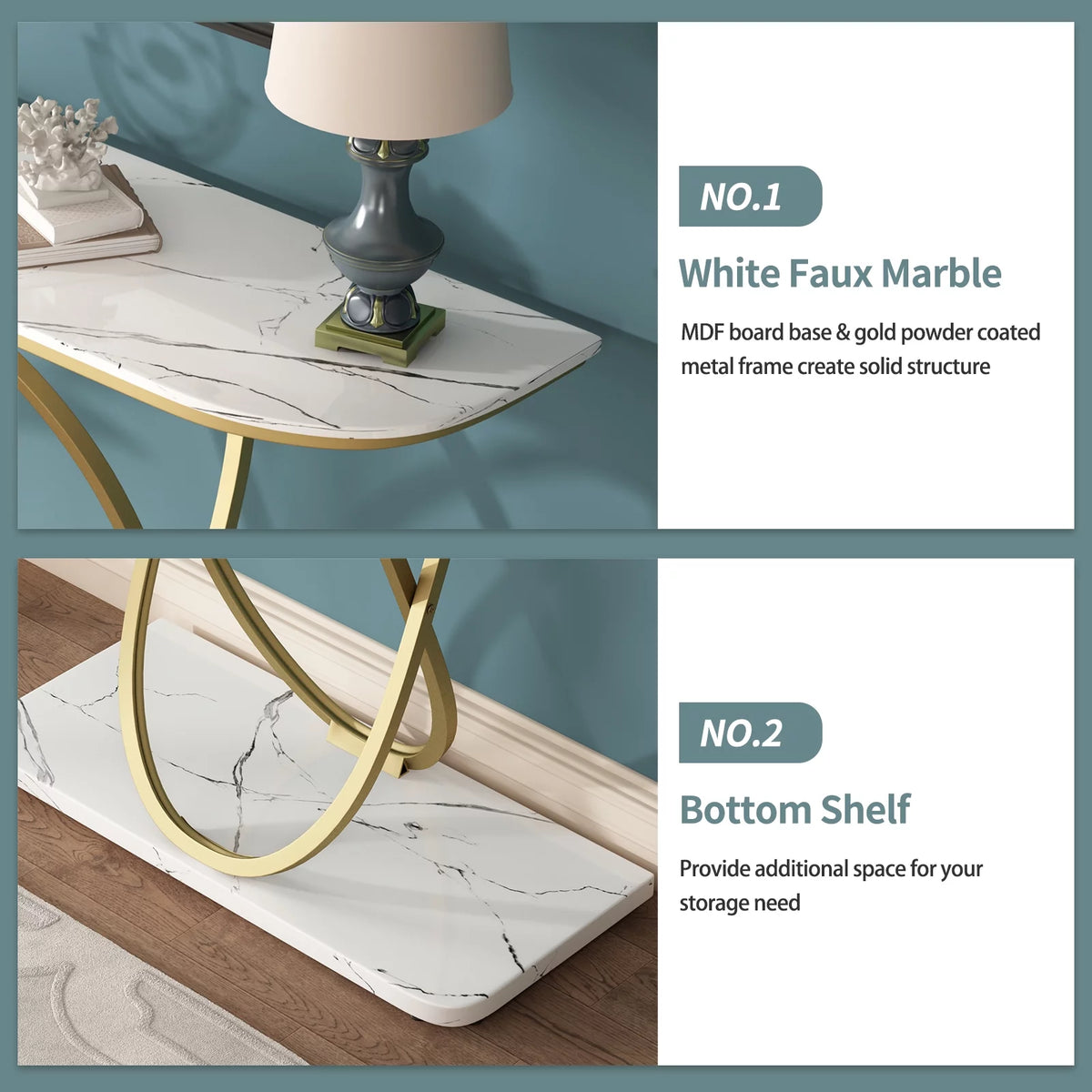 White & Gold Faux Marble Console Table Y210