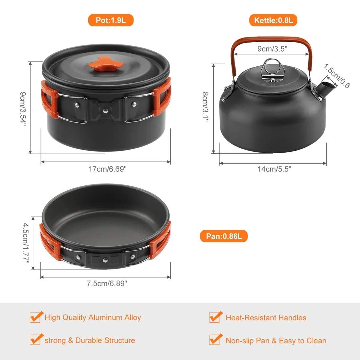 Camping Cookware Mess Kit Pot Pan Kettle Cooking Set with Spoon Fork W185