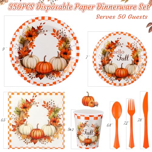 350 Pcs Fall Paper Plates Napkins Cups Disposable Tableware Set T404