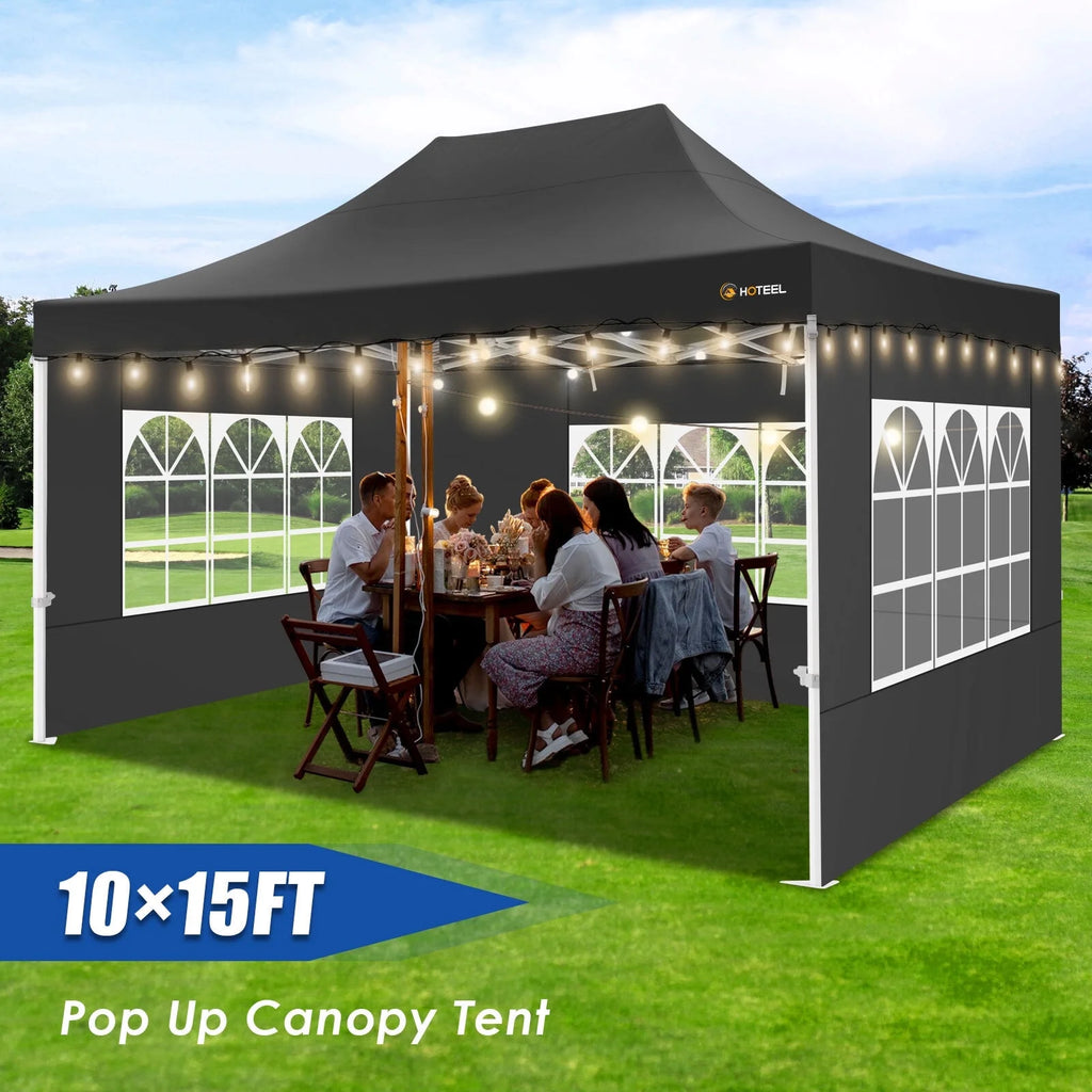 10x15 Heavy Duty Pop up Canopy Tent with 4 Sidewalls and Roller Bag, Black U176