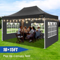 10x15 Heavy Duty Pop up Canopy Tent with 4 Sidewalls and Roller Bag, Black U176