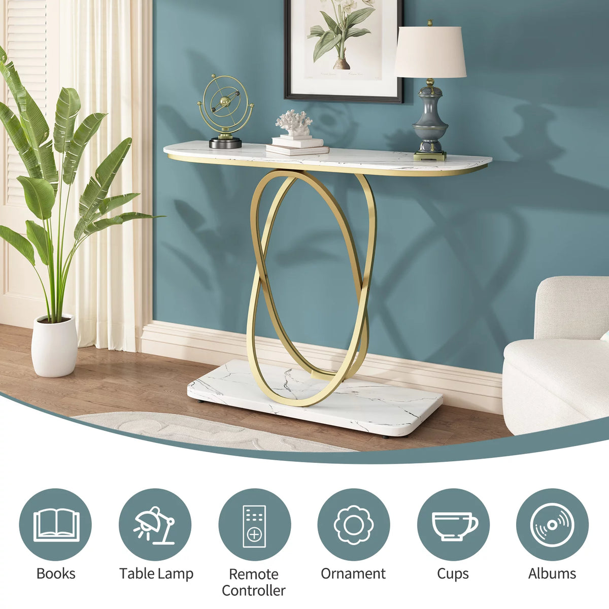 White & Gold Faux Marble Console Table Y210