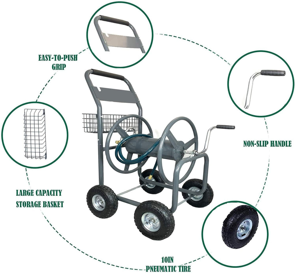 4 Wheels Portable Garden Hose Reel Cart with Storage Basket S146900