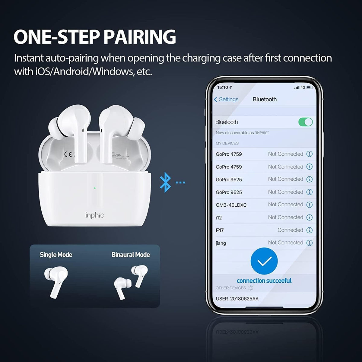 Wireless Bluetooth Earbuds Noise Cancelling IPX7 Waterproof with Microphone White Pack of 2 H618