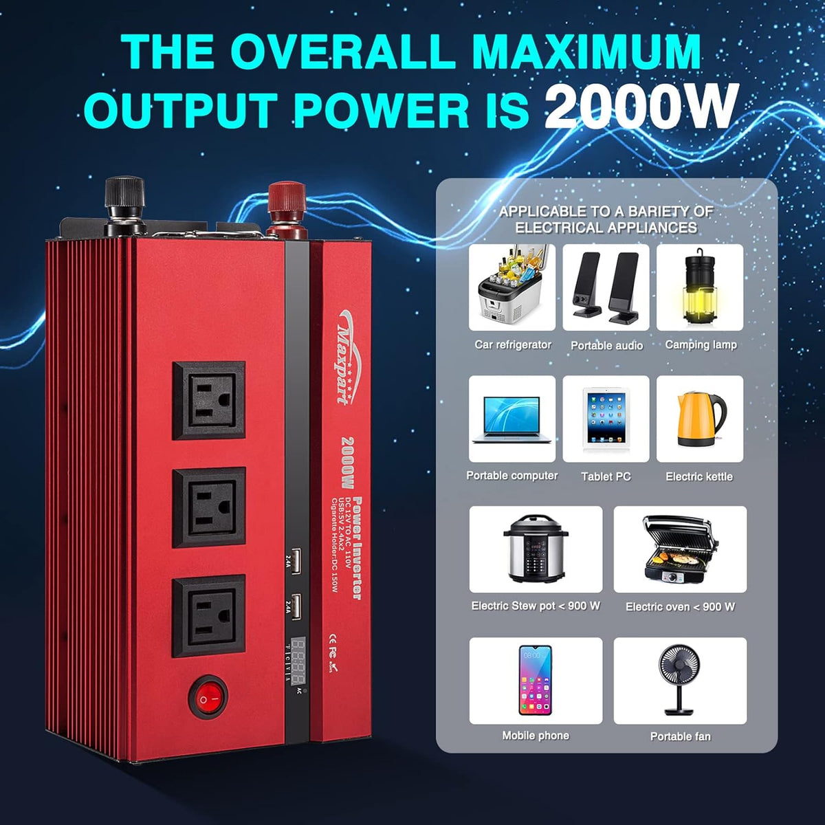 2000W Power Inverter 12v DC to 110v AC Converter with 3 AC Outlets H2338