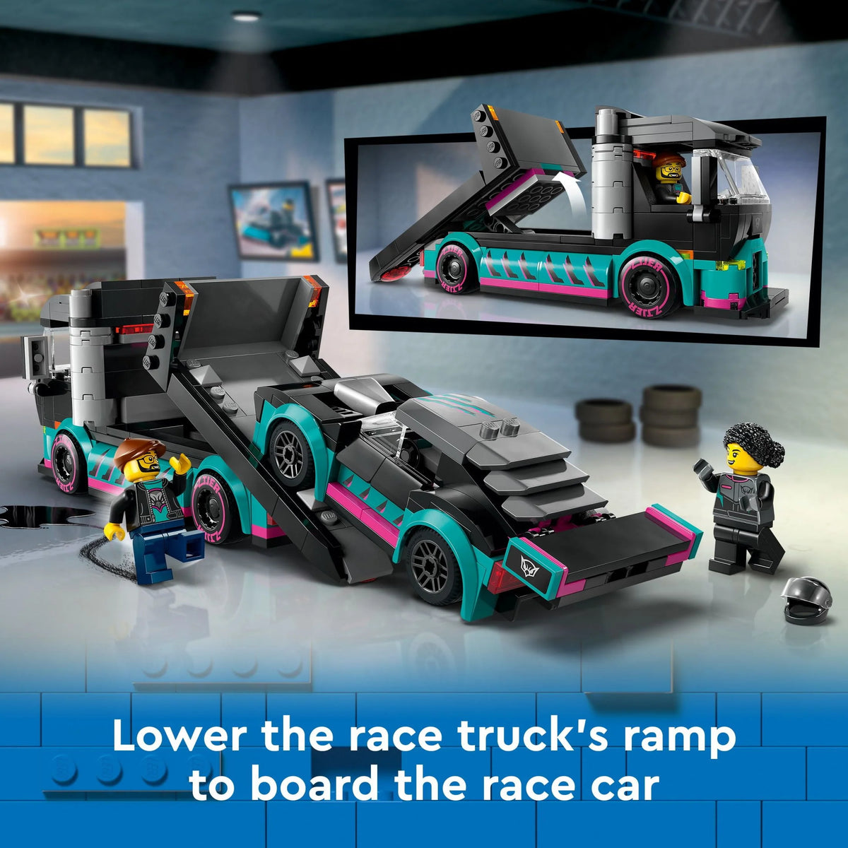 Race Car and Car Carrier Truck Toy Playset with Adjustable Loading Ramp and Race Car Toy O1650
