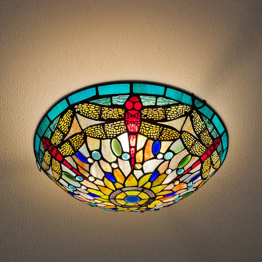 Red Dragonfly Stained Glass Flush Mount Ceiling Light T399399