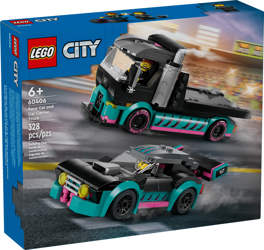 Race Car and Car Carrier Truck Toy Playset with Adjustable Loading Ramp and Race Car Toy O1650