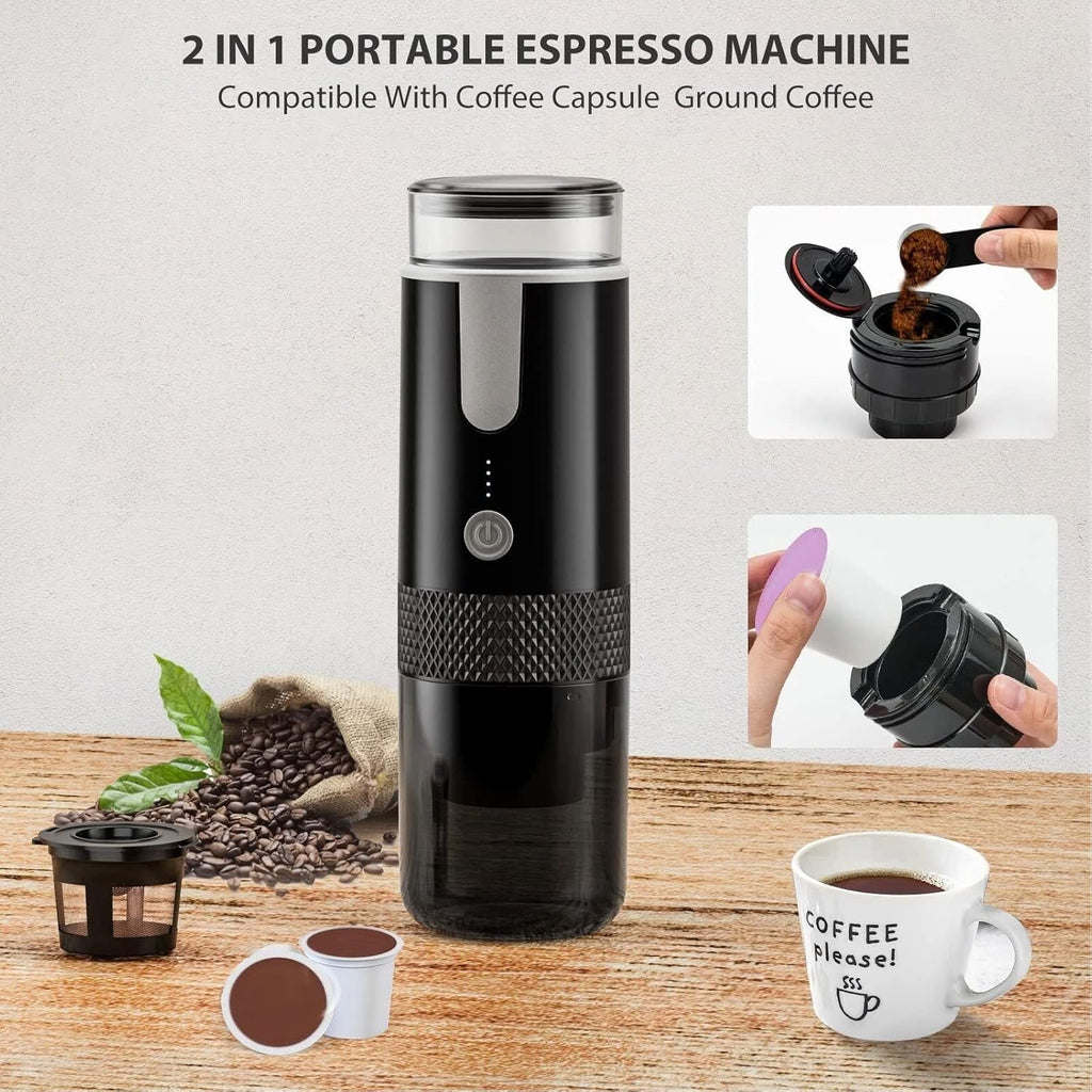 Portable Espresso Machine, Travel Coffee Maker Compatible with K Cup Capsules & Ground Coffee, 1200mah Battery, Handheld Single Serve Coffee Machine W847526