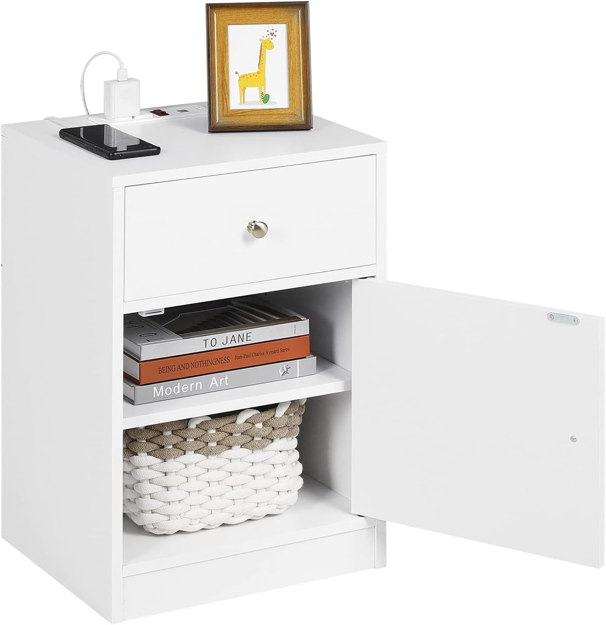 White Wooden Nightstand with Drawer and Door I121