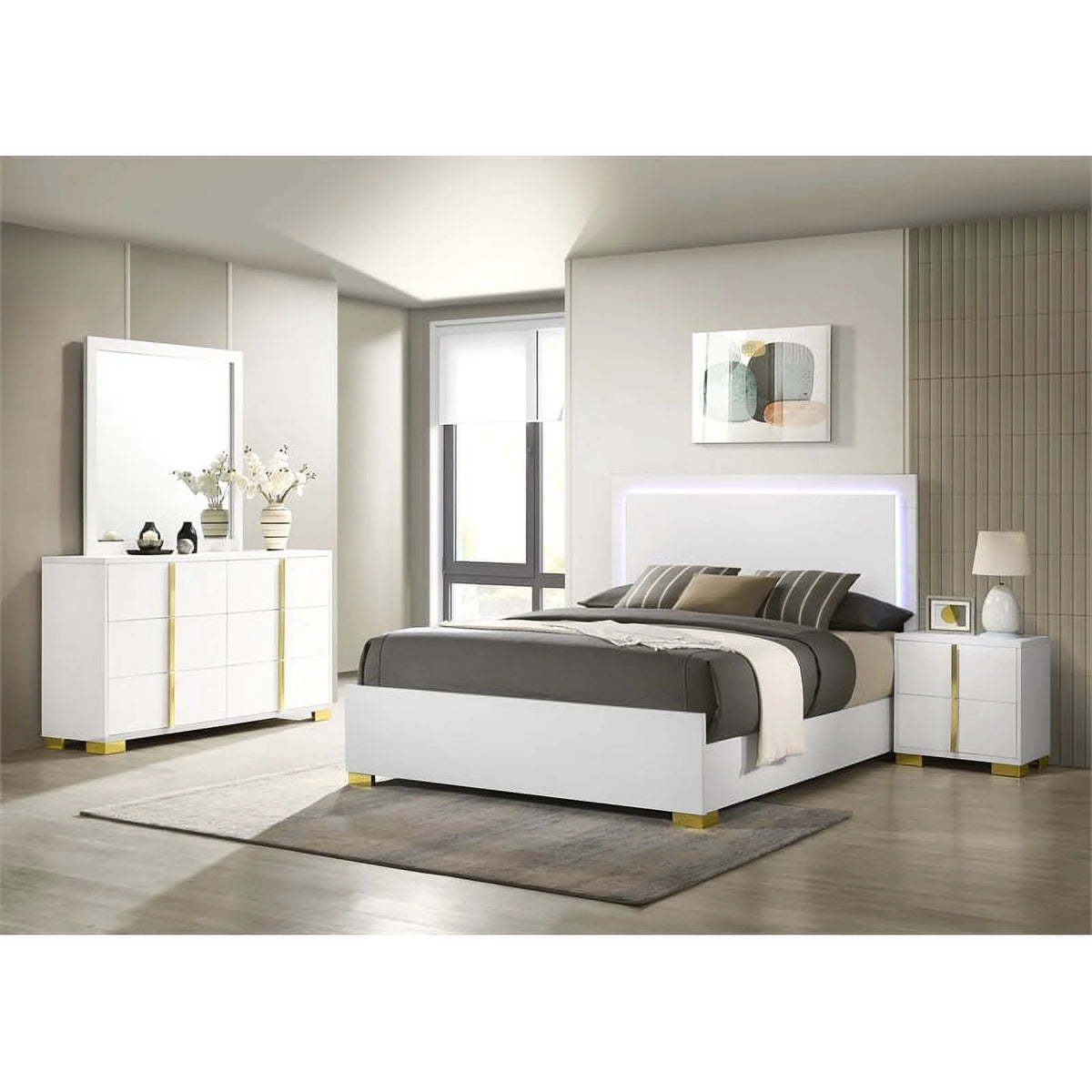 5-piece Contemporary Wood Queen Bedroom Set White and Gold G444