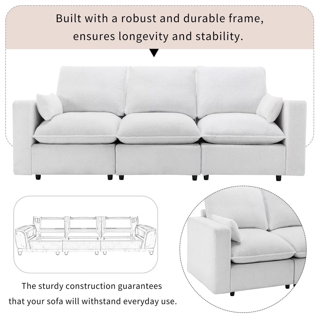 3 Seater White Teddy Fabric Sofa with Pillows E22944