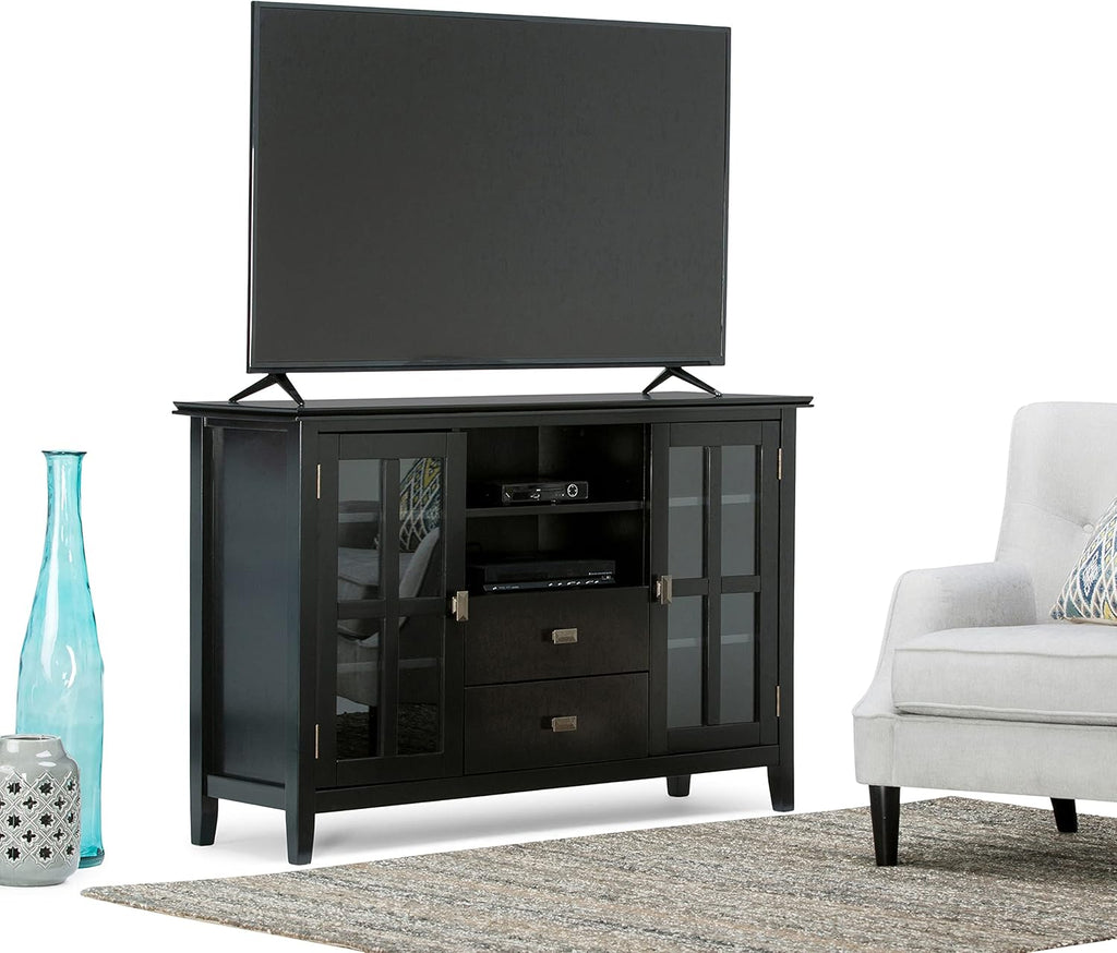 Black Solid Wood TV Media Stand with Storage Shelves and Cabinets A286