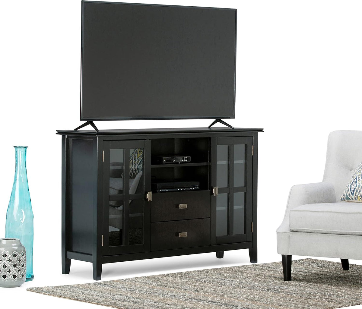 Black Solid Wood TV Media Stand with Storage Shelves and Cabinets A286