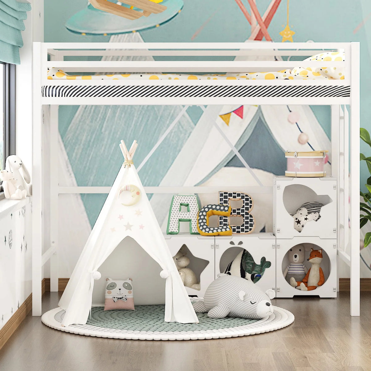 Black Twin Size Metal Loft Bed with Stair & Safety Guard J3661