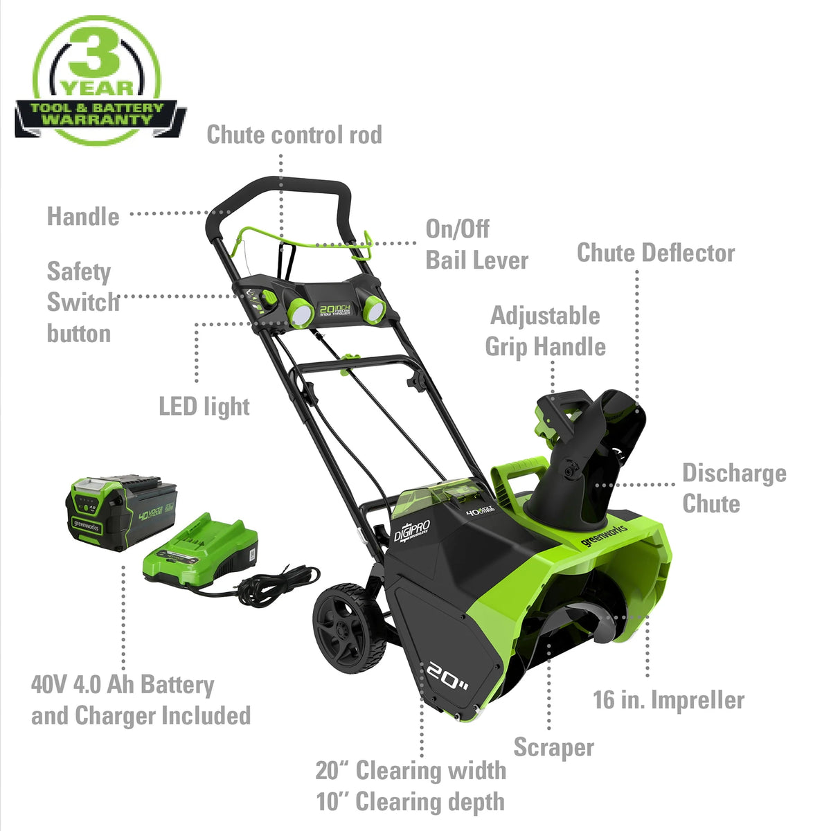 40V 20-inch Cordless Brushless Snow Blower with 4.0 Ah Battery and Charger N764614