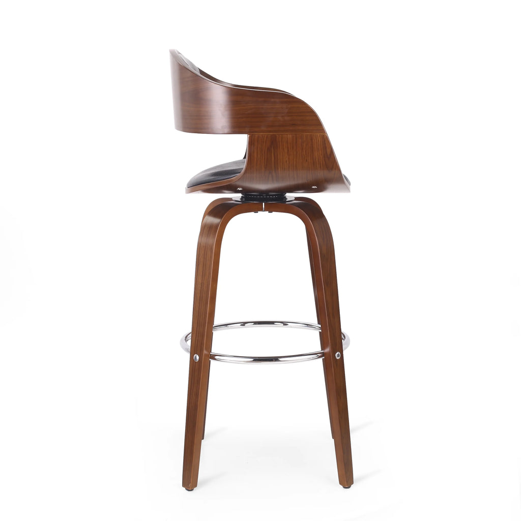 Midnight Black and Walnut Upholstered Swivel Barstool F248