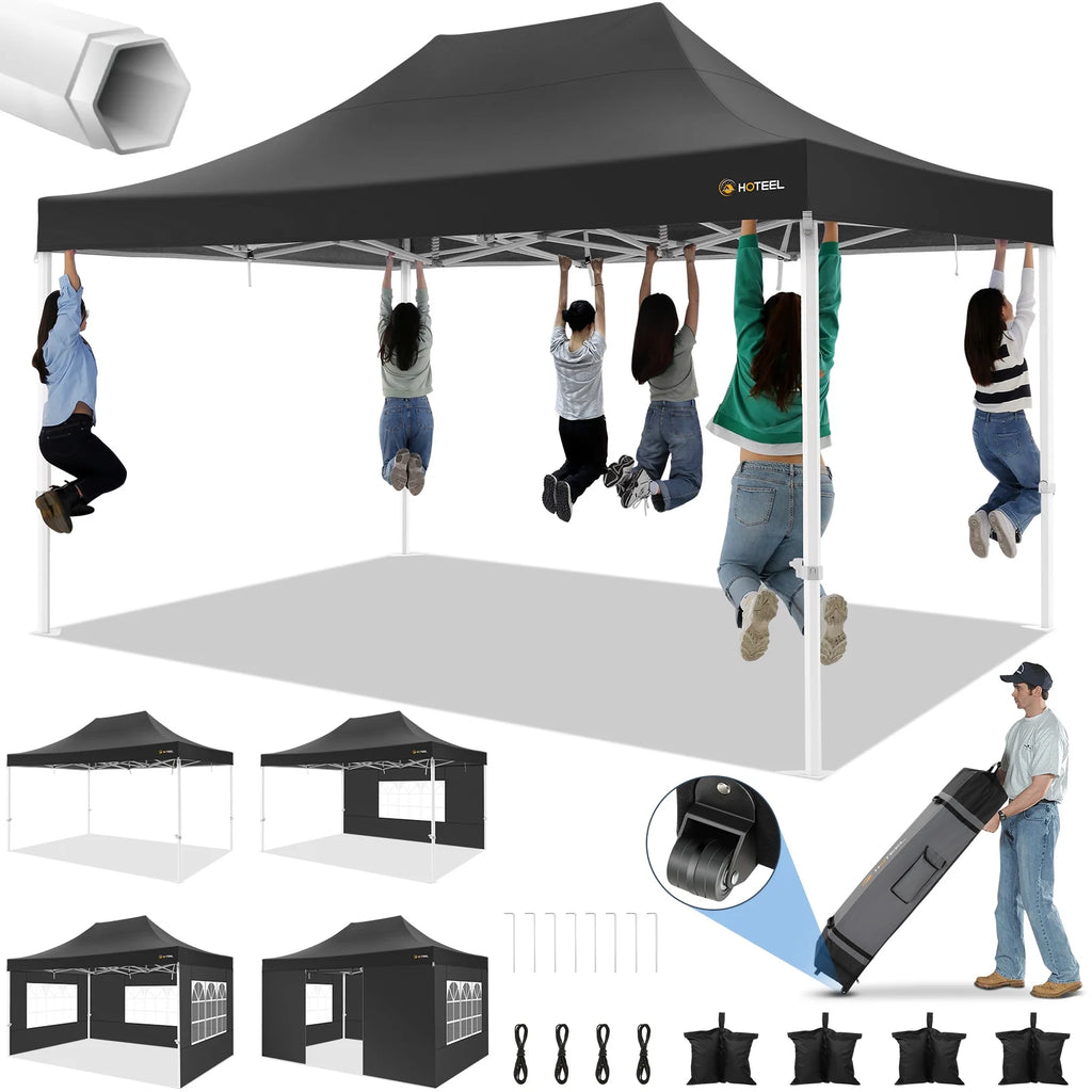 10x15 Heavy Duty Pop up Canopy Tent with 4 Sidewalls and Roller Bag, Black U176