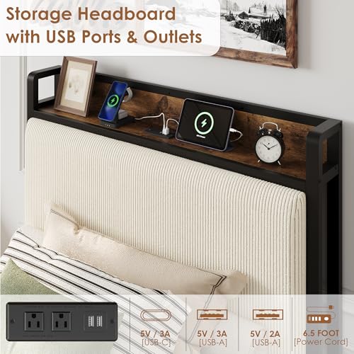 Full Size Linen Upholstered Platform Bed Frame with Storage Headboard and 2 Drawers J182