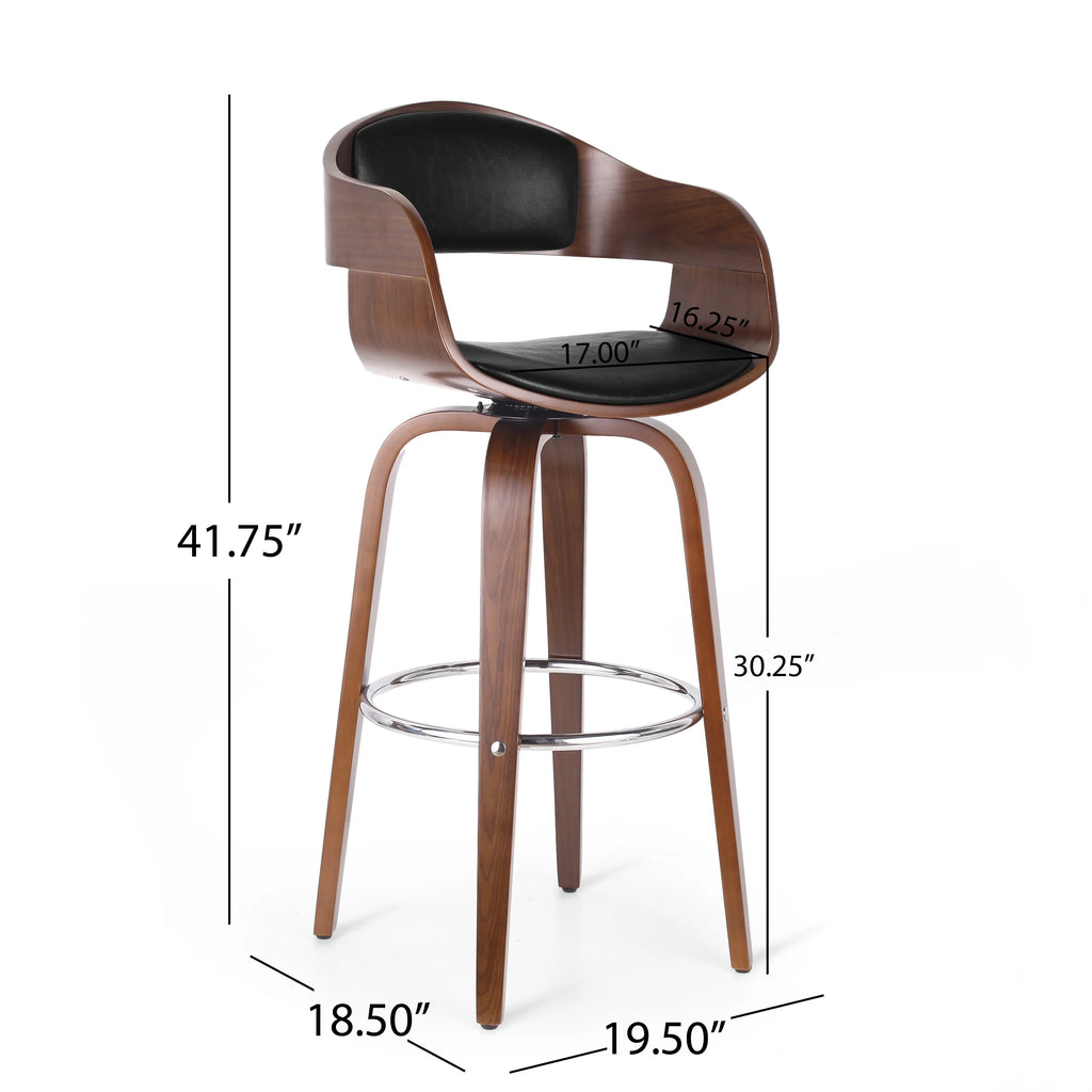 Midnight Black and Walnut Upholstered Swivel Barstool F248