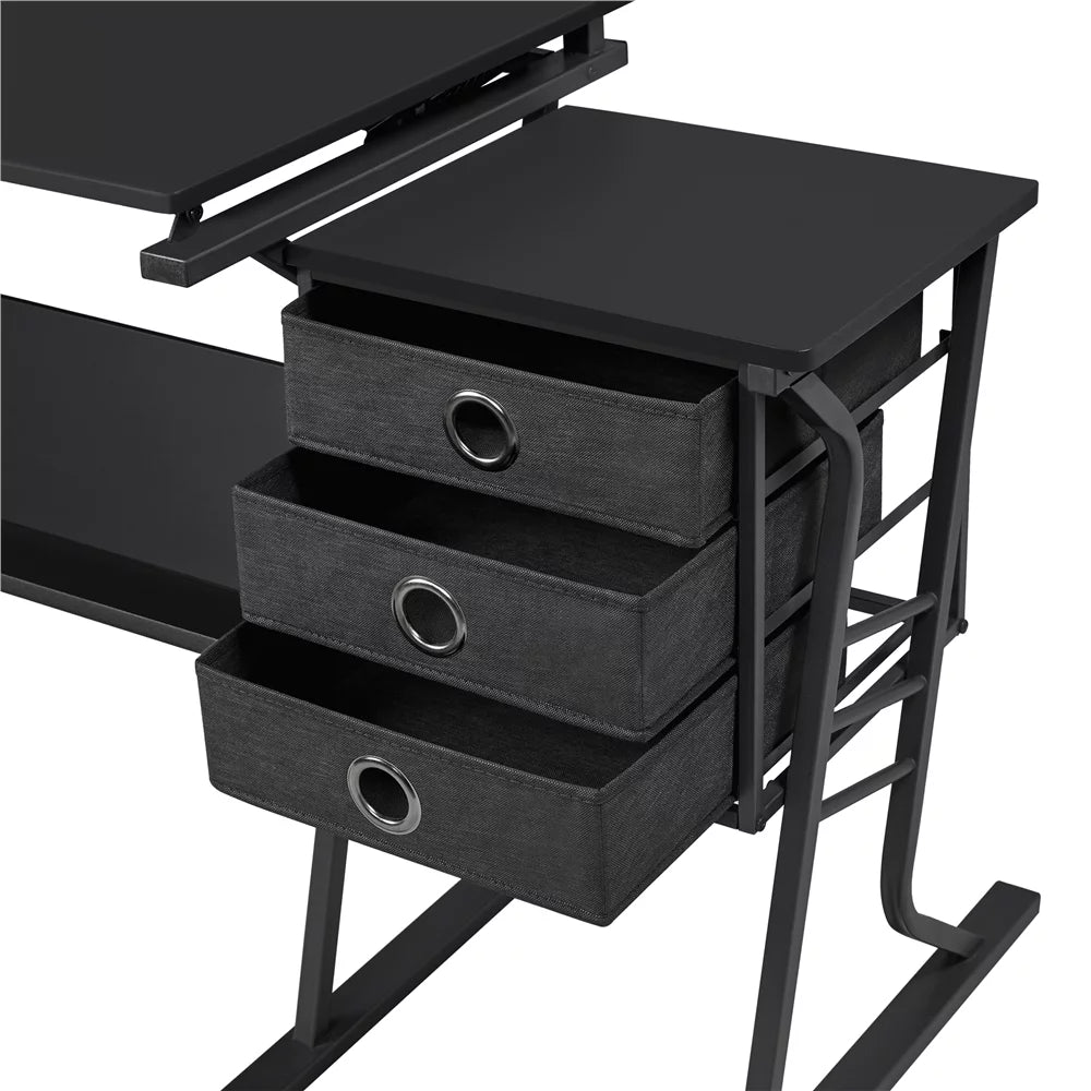 Black Adjustable Drafting Table with Storage Drawers and Stool S657196