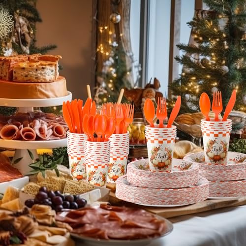 350 Pcs Fall Paper Plates Napkins Cups Disposable Tableware Set T404