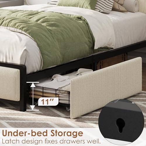 Full Size Linen Upholstered Platform Bed Frame with Storage Headboard and 2 Drawers J182